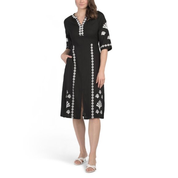 SOLITAIRE Black/white Linen Blend Elbow Sleeve Embroidered Midi Dress - Picture 1 of 2